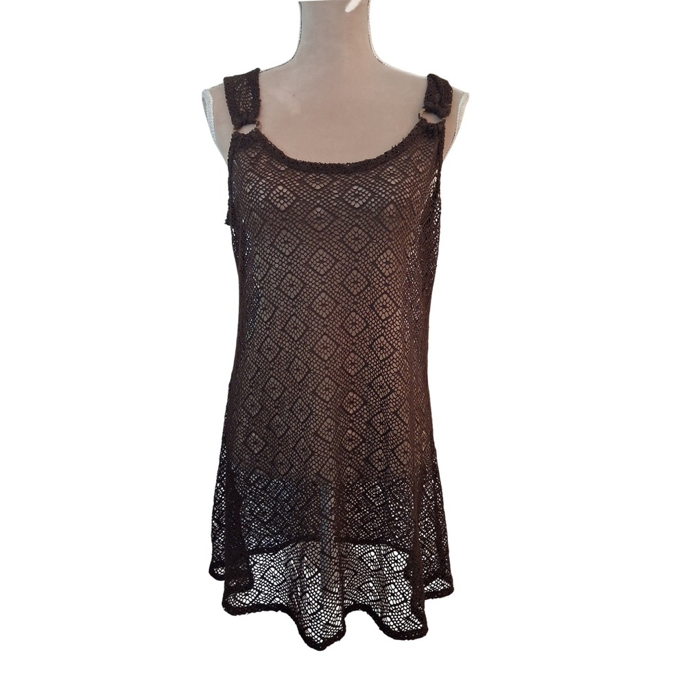 St Johns Bay Swim Brown Crochet Knit Cover Up Dress Ring Detail Medium Festival
